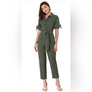 Allegra K Women's Short Sleeve Collared Cropped Coverall Cargo Jumpsuit X-Small